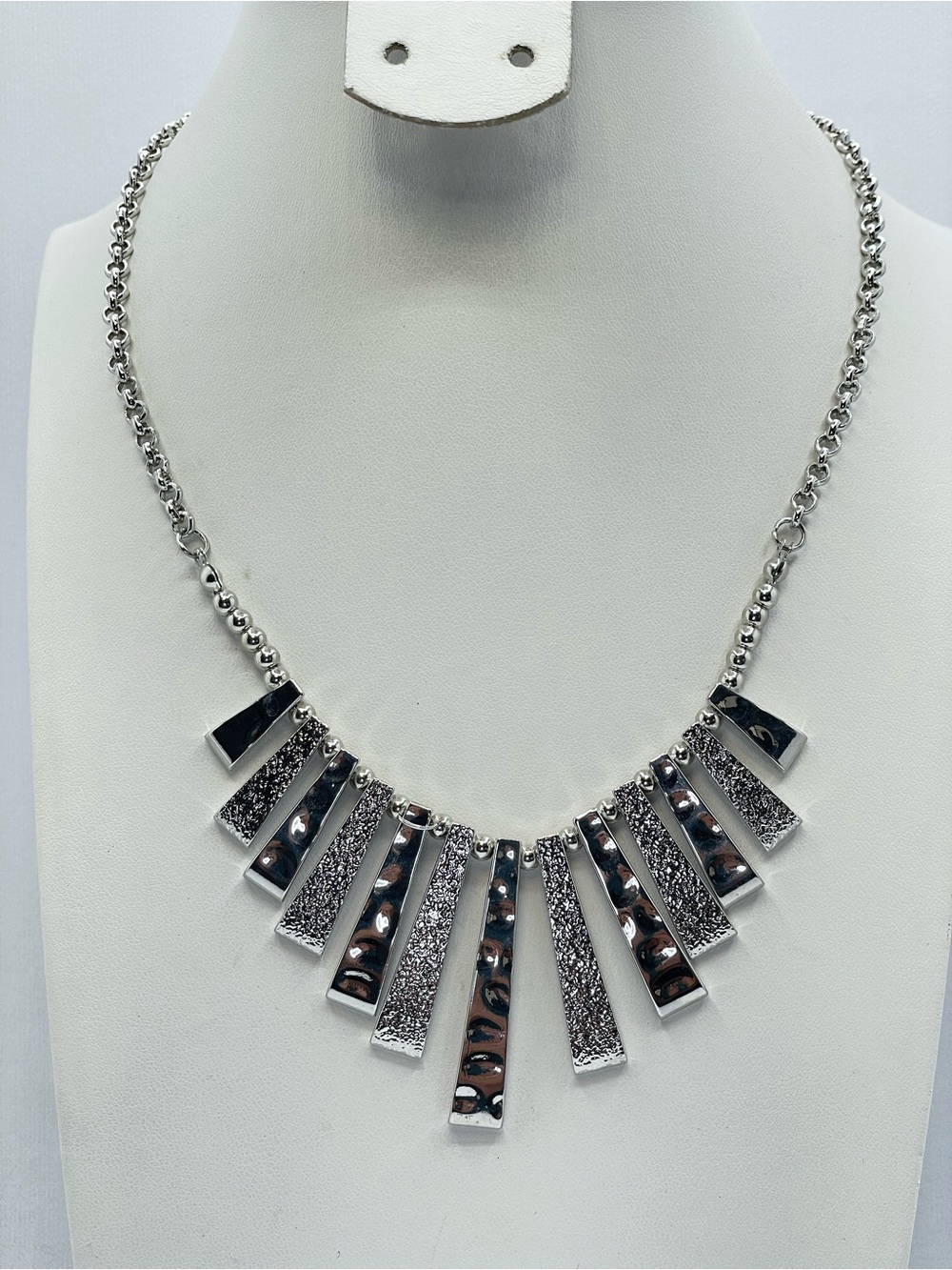 Silver Tone Fringe Bar Statement Necklace Textured Modern Bib